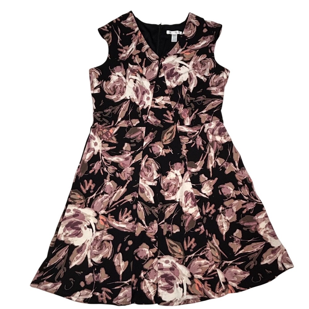 London Times Womens Dress Size 16 Floral Fit & Flare Dress Black Pink V-Neck NWT